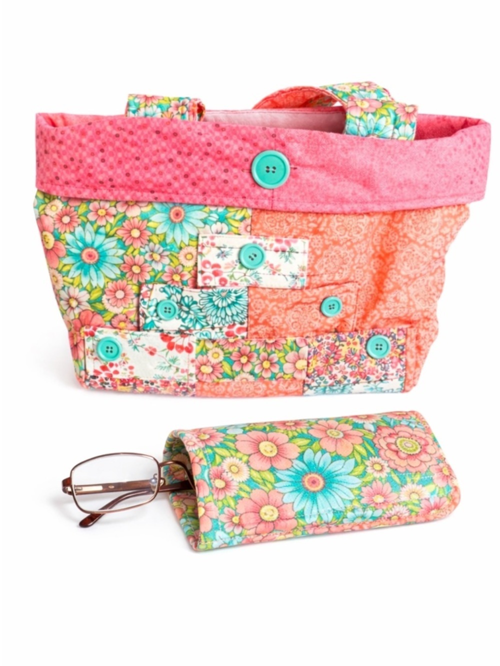 Handmade Floral Patchwork Tote Bag Set w/ Matching Wallet,Eyeglass Case, & Pouch - Picture 2 of 14
